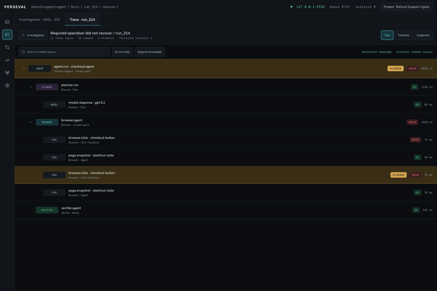Perseval expanded multi-agent trace with planner, browser, tool, and verifier roles