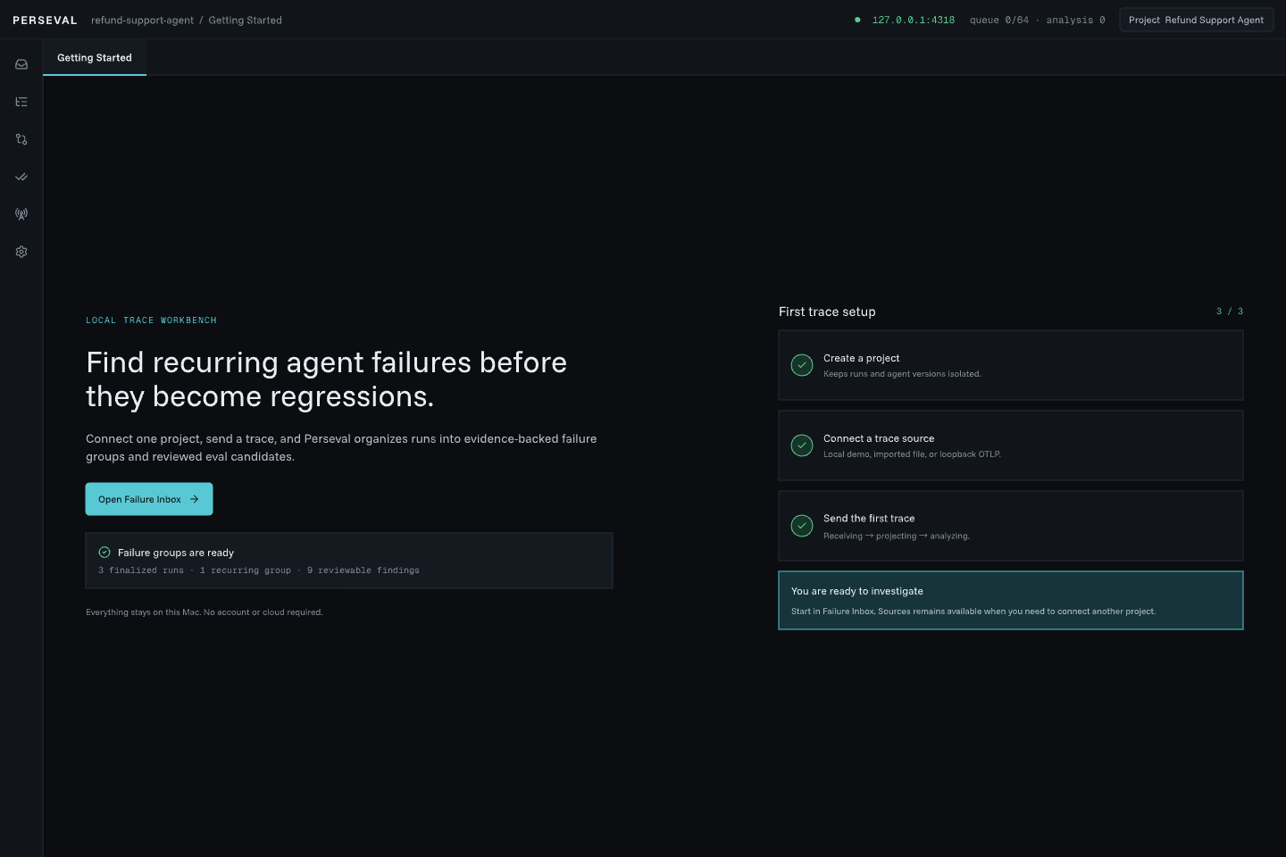 Perseval getting-started screen ready to collect a first trace