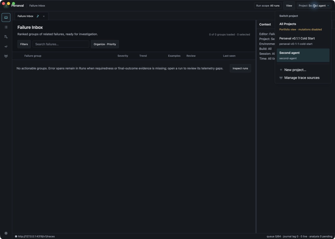 Perseval project switcher showing two agent projects, the read-only portfolio view, project creation, and trace-source management