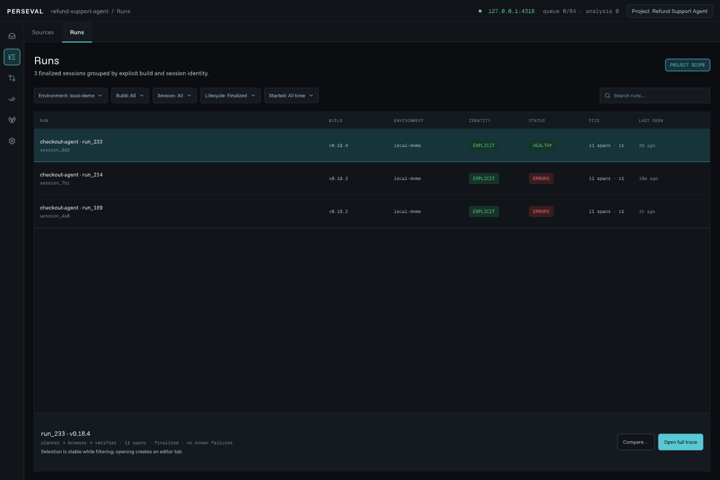 Perseval run list containing three finalized agent versions