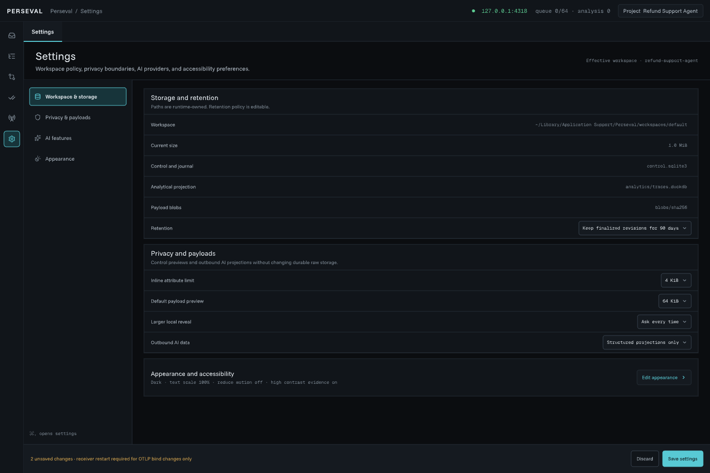 Perseval editable local workspace and privacy settings